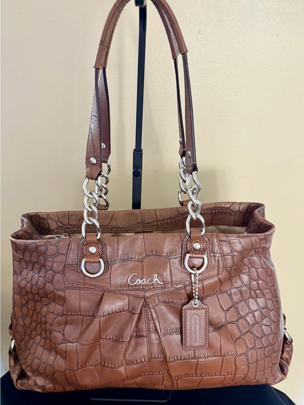 Coach Brown Croc-Embossed Leather Shoulder Bag with Chain Handles
